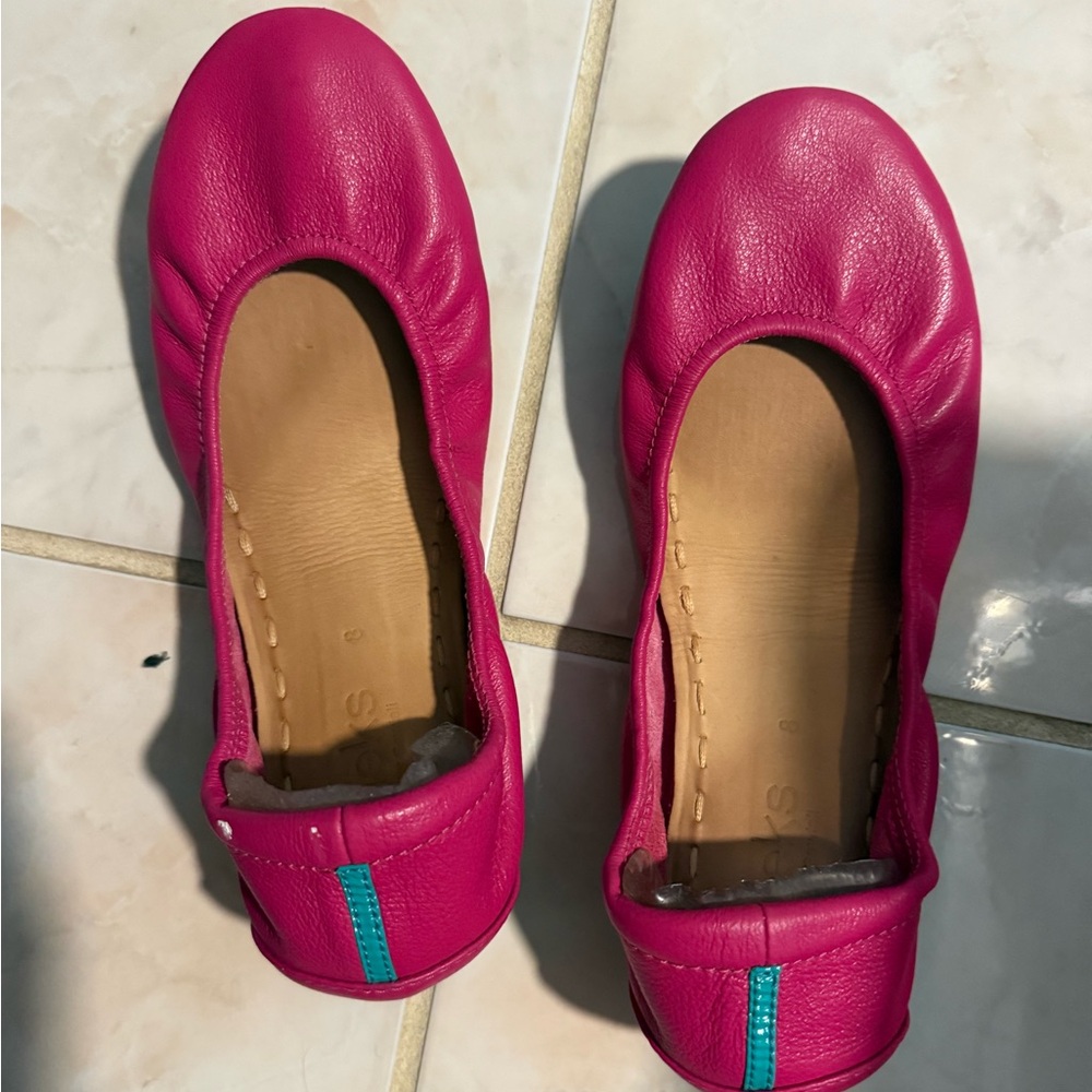 Tieks Hot Pink Leather Ballet Flats with Teal Stitch Accent